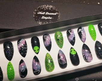 Alien Nails | Galaxy Nails | Glitter Nails | Holo Glitter | Space Nails | False Nails | Press on Nails | Nails | Alien | Galaxy | Space