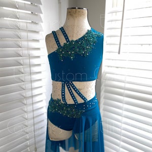 Custom Dance Costume Lyrical Contemporary Blue Teal Tade 2 Piece with Skirt
