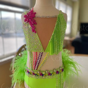 Custom Dance Costume Neon Green Sassy Jazz Leotard with Ostrich Feathers