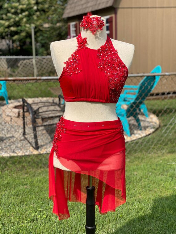 Custom Dance Costume Red 2 Piece Lyrical Mesh with Skirt — Elite Custom