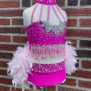 Custom Dance Costume Hot Pink Sassy Jazz Musical Theater 2 Piece with Feather Boa and Fringe