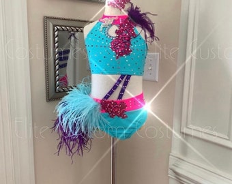 Custom Dance Costume Jazz Musical Theater with Ostrich Bustle with Decorative Straps