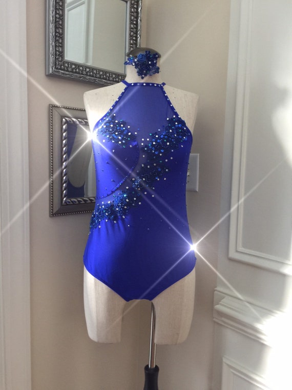 Custom Dance Costume Leotard with Illusions and appliques ROYAL BLUE