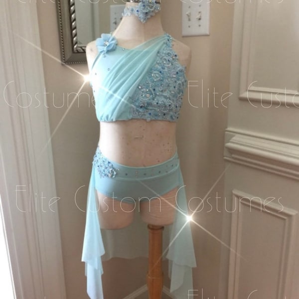 Custom Dance Costume Lyrical Contemporary Jazz Baby Blue 2 Pc with Skirt