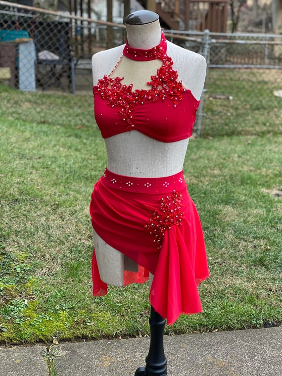 Custom Dance Costume Red Contemporary 2 Piece with Skirt — Elite Custom Costumes