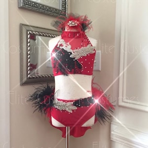 Custom Dance Costume Sassy Jazz Musical Theater Red Black 2 Pc. with Feathers