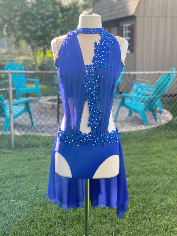 Custom Dance Costume Royal Blue 2 Piece Lyrical with Mesh Lapels