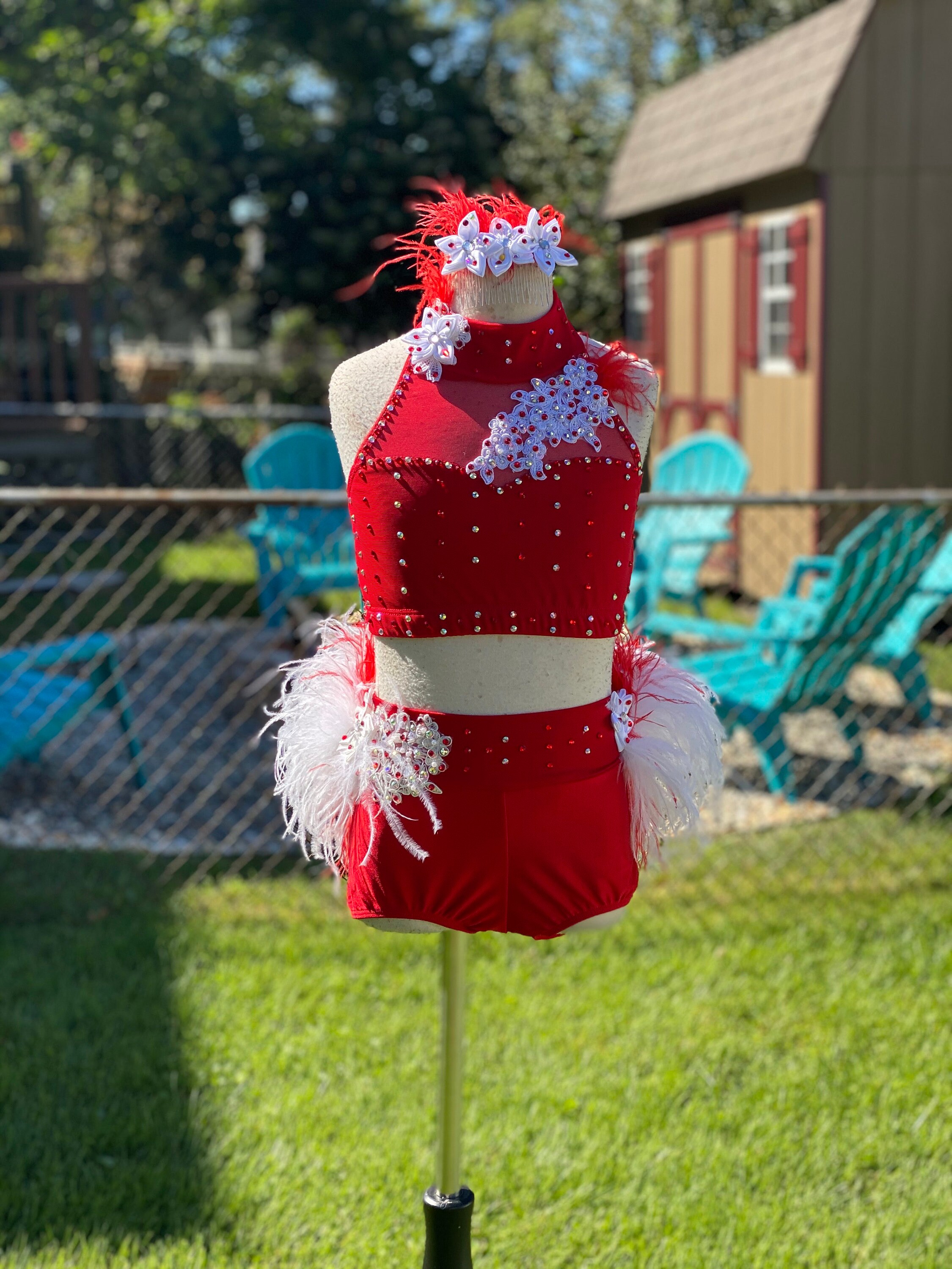 Custom Dance Costume Red 2 Piece Jazz with twotoned Feathers Etsy