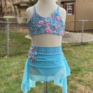 Custom Dance Costume Baby Blue Pink Floral Lyrical Contemporary 2 Pc with Skirt