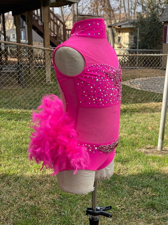 Custom Dance Costume Hot Pink Leotard with Feathers — Elite Custom Costumes