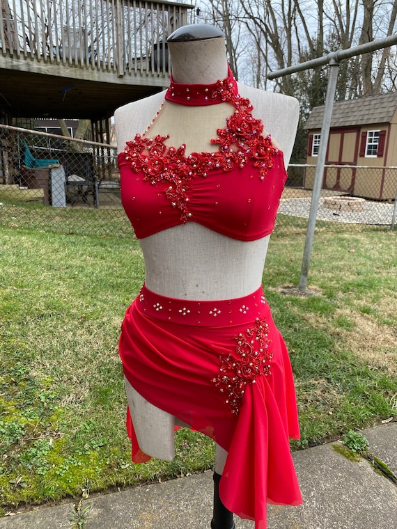 Custom Dance Costume Red Contemporary 2 Piece with Skirt — Elite Custom