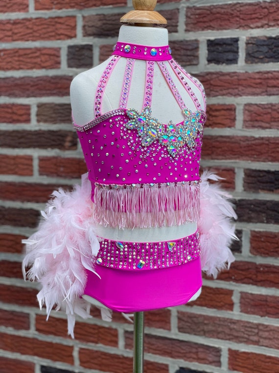Custom Dance Costume Hot Pink Jazz with Feather Boa and Fringe — Elite