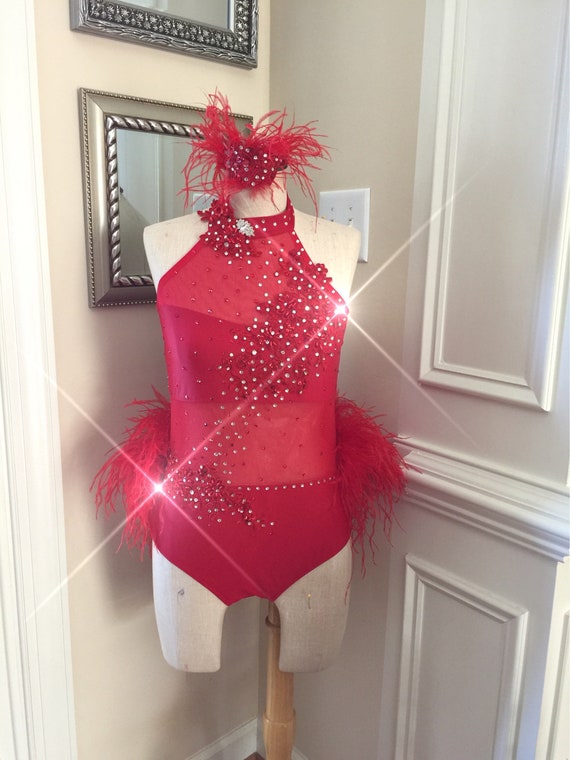 Red Custom Dance Costume with Feathers Etsy