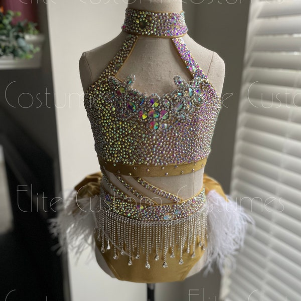 Custom Dance Costume Sassy Jazz Musical Theater Metallic 2 Pc with Diamond Fringe Ostrich Feathers