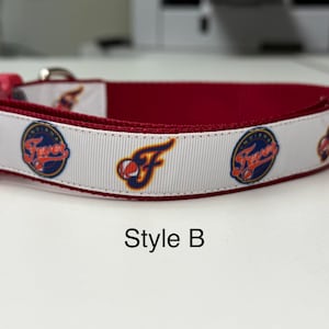 May include: A red and white dog collar with a team logo. The collar has a white ribbon with the team logo and the word "Fever" in a circular design. The inside of the collar is red, and the buckle is pink. The text "Style B" is at the bottom.