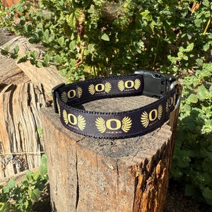Op de afbeelding: Zwarte hondenriem met gouden "O" en vleugelmotieven. De halsband heeft een zwarte plastic gesp en een metalen ring. De halsband wordt getoond op een houten stronk tegen een achtergrond van groen gebladerte.