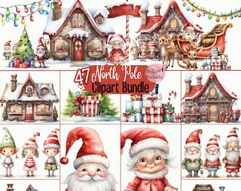 Watercolor Christmas Clipart Bundle: 47 Transparent PNGs - Printable North Pole, Santa's Workshop, Elves, Lights, Rudulph Reindeer, Gifts