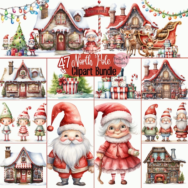 Watercolor Christmas Clipart Bundle: 47 Transparent PNGs - Printable North Pole, Santa's Workshop, Elves, Lights, Rudulph Reindeer, Gifts