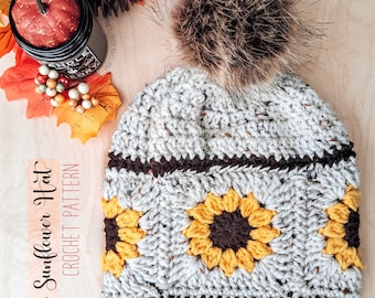 Rustic Sunflower Hat Crochet Pattern, Sunflower Crochet, Autumn Crochet Pattern, Sunflower Beanie Hat Pattern, Printable PDF