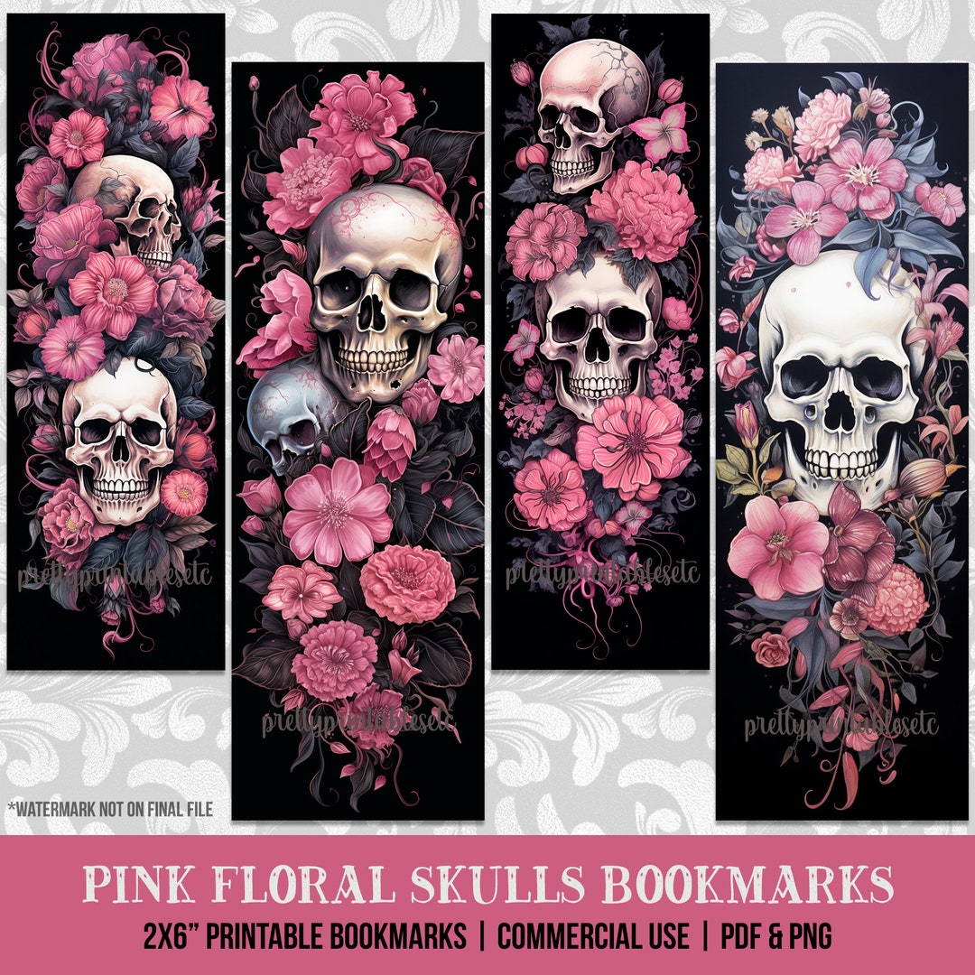 Pink Floral Skulls Printable Bookmarks Set: Digital PDF, 4 Bookmark ...