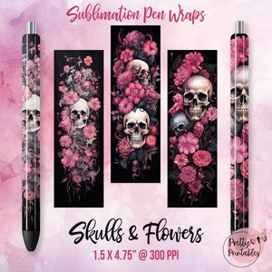 Różowe kwiatowe czaszki na długopisy: Dia de Los Muertos, zestaw na długopisy, Waterslide na długopisy, Waterslide na długopisy, Epoxy na długopisy, Gothic Wraps