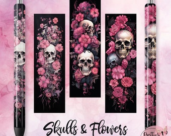 Pink Floral Skull Pen Wraps: Dia de Los Muertos, Pen Wrap Bundle, Waterslide Pen Wrap, Pen Wraps Waterslides, Epoxy Pen Wraps, Gothic Wraps