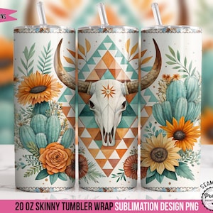 Aztec Boho Western Tumbler Wrap: Southwestern Tribal Native 20oz Sublimation Design, Bull Skull PNG, Cactus Cowgirl Tumbler Wrap Boho Flower