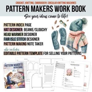 Op de afbeelding: Een digitale download voor een patroonmakers werkboek. De omslag toont een aquarel-illustratie van een wintermuts, handschoenen en een sjaal. De tekst op de omslag luidt "Pattern Makers Work Book" en "See your ideas come to life!"