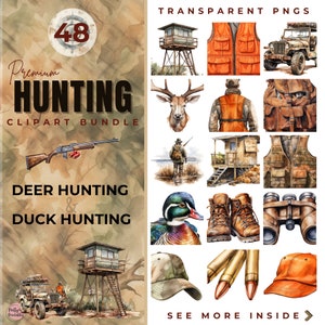 Ensemble de cliparts PNG chasse : aquarelles chasse au canard et chasse au chevreuil PNG | Carabine de chasse, arc, camouflage, jeep, chasseurs, orange vif