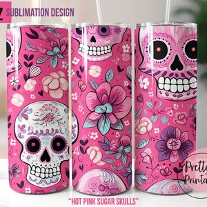 Diseño de sublimación para vaso delgado de 20 oz del Día de los Muertos: descarga digital PNG - Vaso con calavera de azúcar del Día de los Muertos, envoltura rosa sin costuras