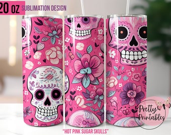 Dia dos Mortos 20 oz Skinny Tumbler Design de sublimação: Digital Download PNG - Dia de Los Muertos Sugar Skull Tumbler, Pink Seamless Wrap