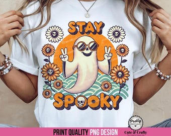 Retro Stay Spooky Shirt PNG: Retro Halloween Sublimation Design, Retro Ghost PNG, 70s Halloween Shirt, Floral Ghost png, Spooky Season PNG