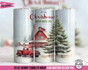 Christmas Movie Tumbler Wrap: 20oz Skinny Sublimation Design PNG, Red Truck, Winter Farm Christmas Tree, Hallmark Movie Lover Gift, Seamless