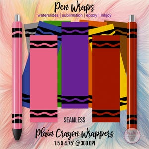 Könnte beinhalten: Ein Satz bedruckbarer Crayon-Stiftverpackungen in verschiedenen Farben, darunter Rot, Orange, Gelb, Grün, Blau, Lila und Pink. Die Verpackungen haben ein schwarzes, wellenförmiges Design und den Text "Pen Wraps" und "Plain Crayon Wrappers". Der Text enthält auch die Abmessungen "1.5 X 4.75" @ 300 DPI".