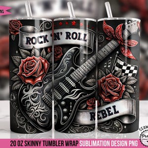 May include: A 20 ounce skinny tumbler wrap sublimation design featuring a black electric guitar with red roses and the text "Rock 'n' Roll" and "Rebel".