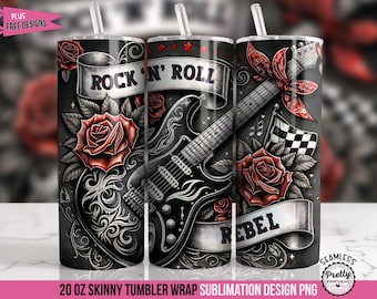 May include: A 20 ounce skinny tumbler wrap sublimation design featuring a black electric guitar with red roses and the text "Rock 'n' Roll" and "Rebel".
