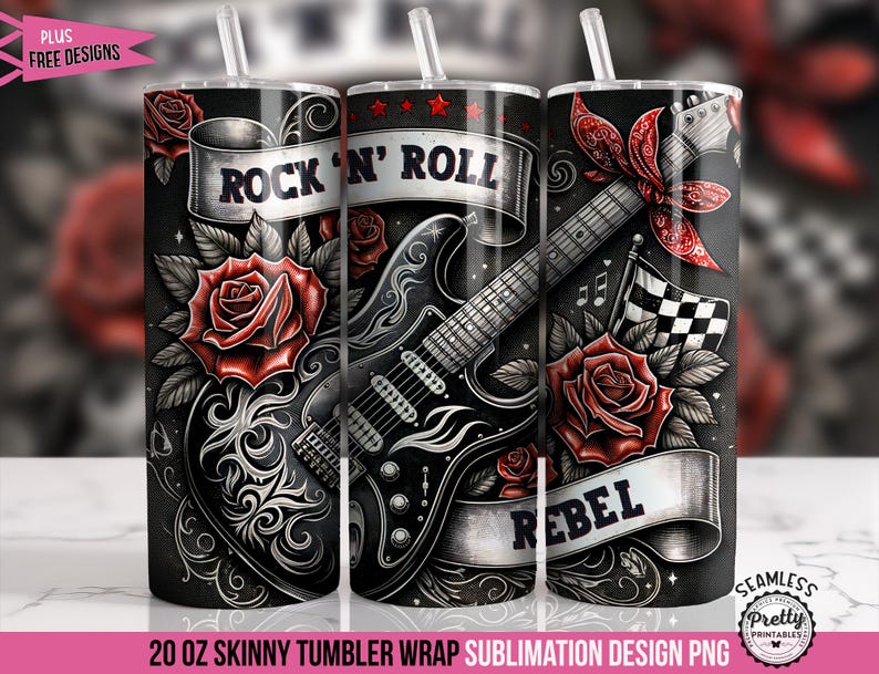 May include: A 20 ounce skinny tumbler wrap sublimation design featuring a black electric guitar with red roses and the text "Rock 'n' Roll" and "Rebel".