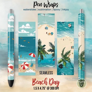 May include: Pen wraps with a beach day design. The image shows a pen and several rectangular designs with a seamless beach scene. The design includes people, umbrellas, palm trees, and the text "Beach Day". The pen wraps are 1.5 x 4.75 inches.