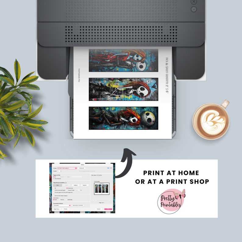 May include: A digital printable design featuring a black and white illustration of Jack and Sally from the Nightmare Before Christmas movie. The illustration is in a graffiti style with a colorful background. The text "JACK & SALLY GRAFFITI 216" is visible in the image. The image is displayed on a computer screen with a printer in the background. The text "PRINT AT HOME OR AT A PRINT SHOP" is visible below the image. The text "Pretty Printables" is visible in a pink and white logo with a butterfly.
