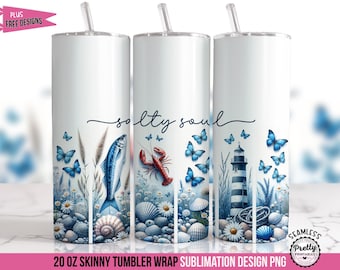 Salty Soul PNG Lighthouse Tumbler Wrap: 20 oz sublimatieontwerp, zomerse beker wrap, strand beker wrap, oceaan beker, nautische beker