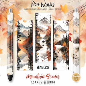 May include: Three digital pen wrap designs featuring watercolor mountain scenes with a lake reflection. The designs are seamless and measure 1.5 inches by 4.75 inches at 300 DPI. The text "Pen Wraps" and "Mountain Scenes" is also included in the image.