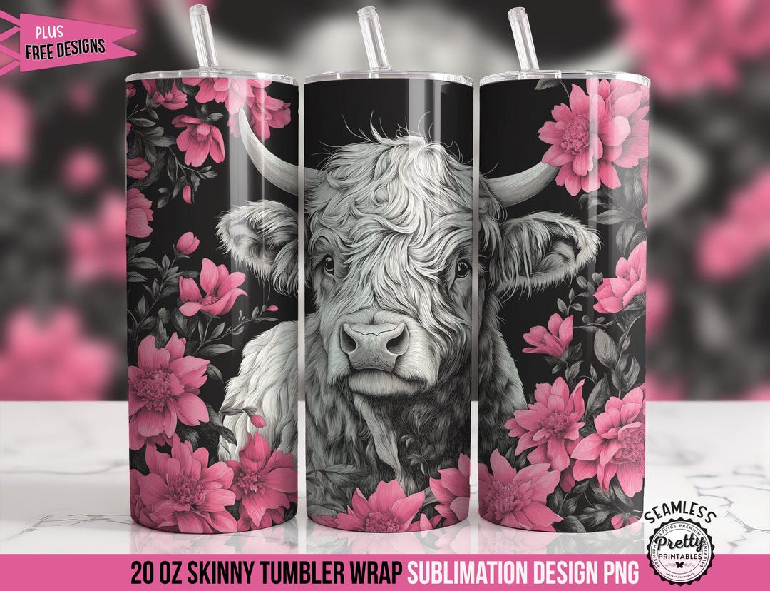 Highland Cow Tumbler Wrap: 20 Oz Sublimation Design, Pink Flower Color ...