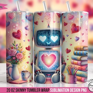 Könnte beinhalten: Ein 20 Unzen Skinny Tumbler Wrap Sublimationsdesign mit einem Roboter mit einem Herzen in seiner Brust, umgeben von Herzen, Büchern und Stiften. Das Design ist auf einem rosa und weißen Hintergrund.