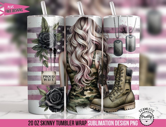 Proud Military Wife Tumbler Wrap: 20 oz Sublimation Design PNG, Army Wife, Marine Wife, Navy Wife, Military Spouse Tumbler, Dog Tags Camo
