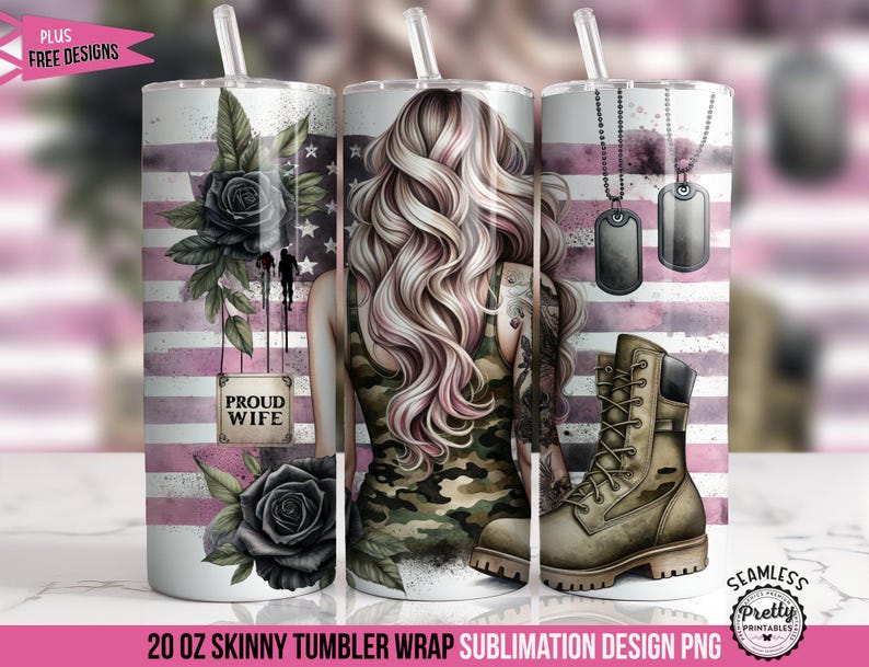 Dumna żona żołnierza Tumbler Wrap: 20 oz Sublimacja Projekt PNG, Żona żołnierza, Żona piechoty morskiej, Żona marynarki wojennej, Żona wojskowego Tumbler, Nieśmiertelniki dla psów Camo zdjęcie 1