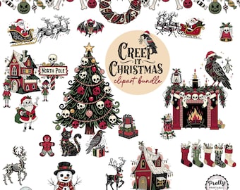 Quirky Christmas Clipart: Goth Christmas PNG Bundle, Creepmas PNG, Christmas Skull, Creepy Christmas Reindeer, Horror Christmas Graphics