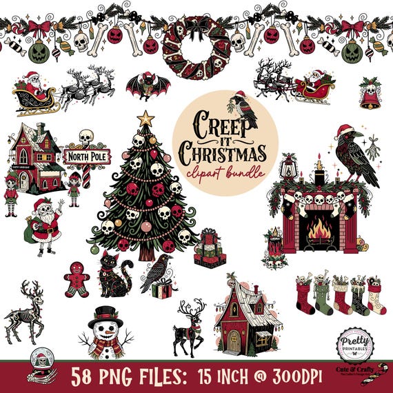 Quirky Christmas Clipart: Goth Christmas PNG Bundle, Creepmas PNG, Christmas Skull, Creepy Christmas Reindeer, Horror Christmas Graphics