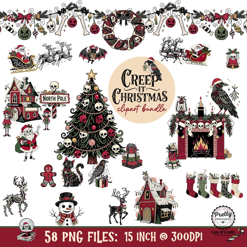 Creep Christmas Clipart Bundle, Holiday Digital Images, Santa Gothic Decor, Festive Seasonal Graphics, PNG Files