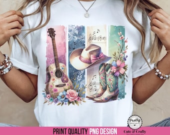Boho Western Country Girl: Shirt Sublimationsdruck PNG , Cowgirl-Stiefel png, Cowgirl-Hut png , Country-Musik Gitarre png, Country-Musikliebhaber