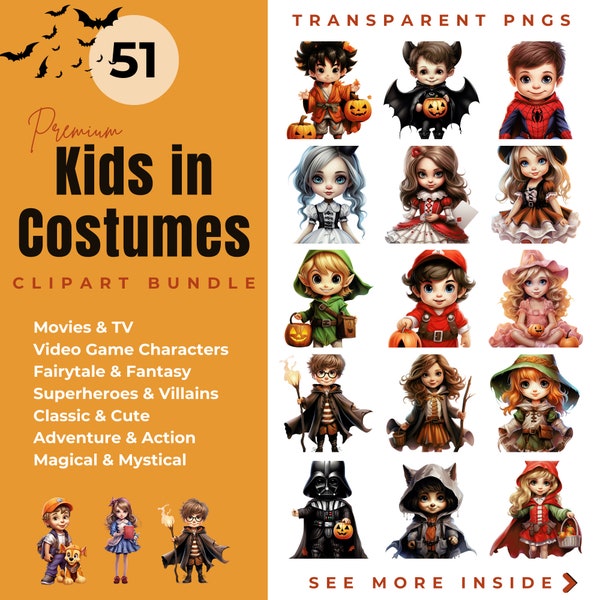 Popular Characters Clipart Bundle: Transparent PNGs, Kids in Costumes- Fantasy, Movie, Princess, Superheros, Wizard, Elf, Fairytale, Cowboy